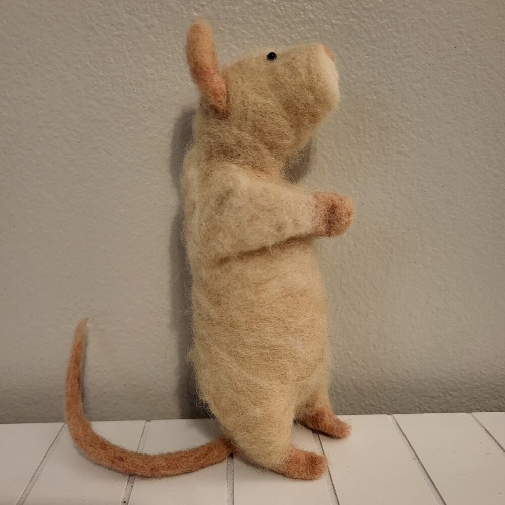 8 in Needle Felted Beige & Pink Rat Large Adult Beady Eyes Handmade Handcrafted